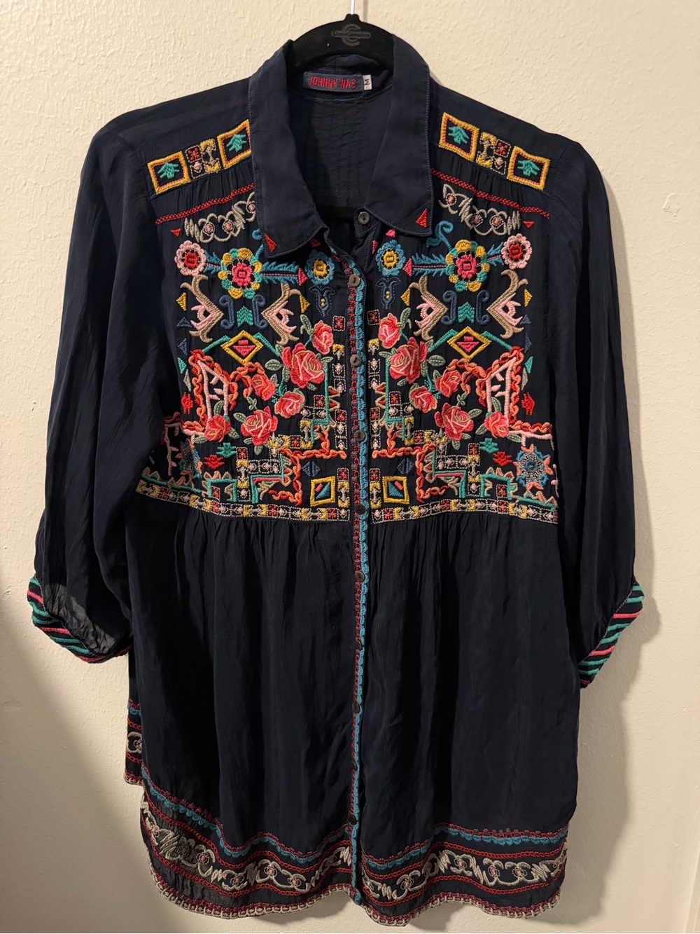 Johnny Was Multi-Color Floral Embroidered 3/4 Sleeve Blue Blouse Cupra Women’s M